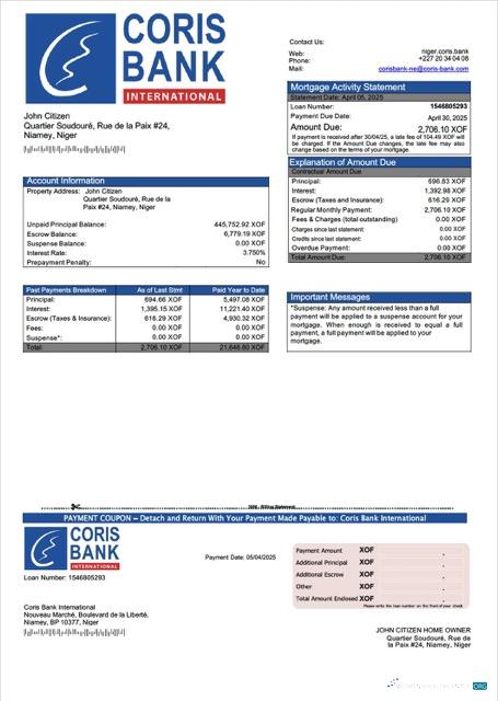 Download Niger Coris Bank International mortgage statement Word and PDF template Photoshop template